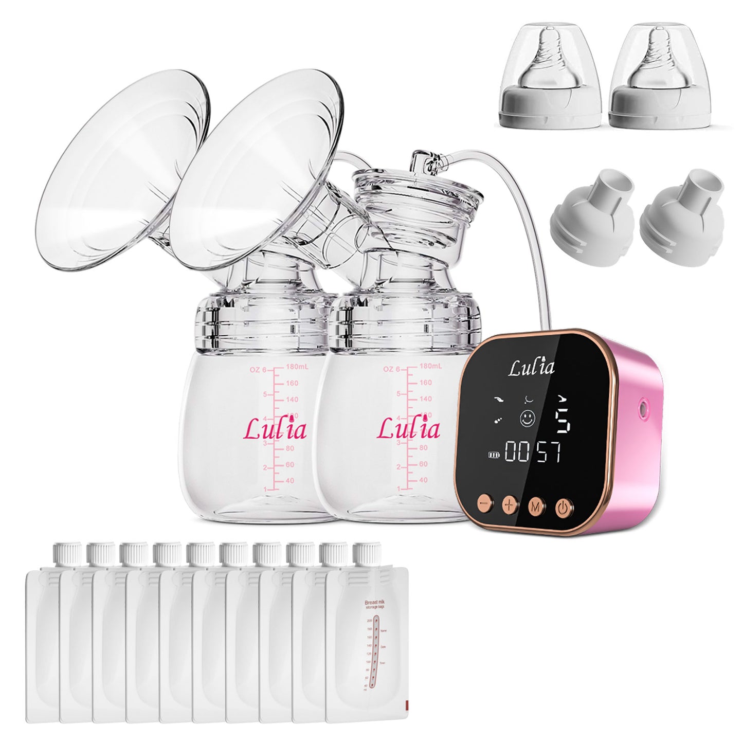 LU-01 Lulia Double Breast Pump with 10 Breastmilk Storage Bags(Pink&White)