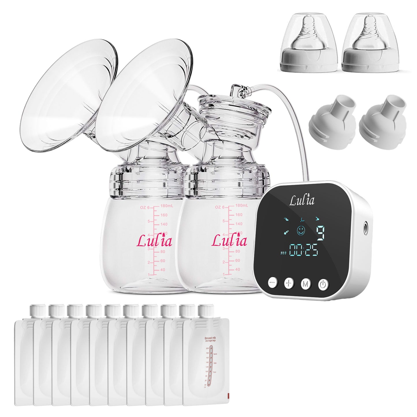 LU-01 Lulia Double Breast Pump with 10 Breastmilk Storage Bags(Pink&White)