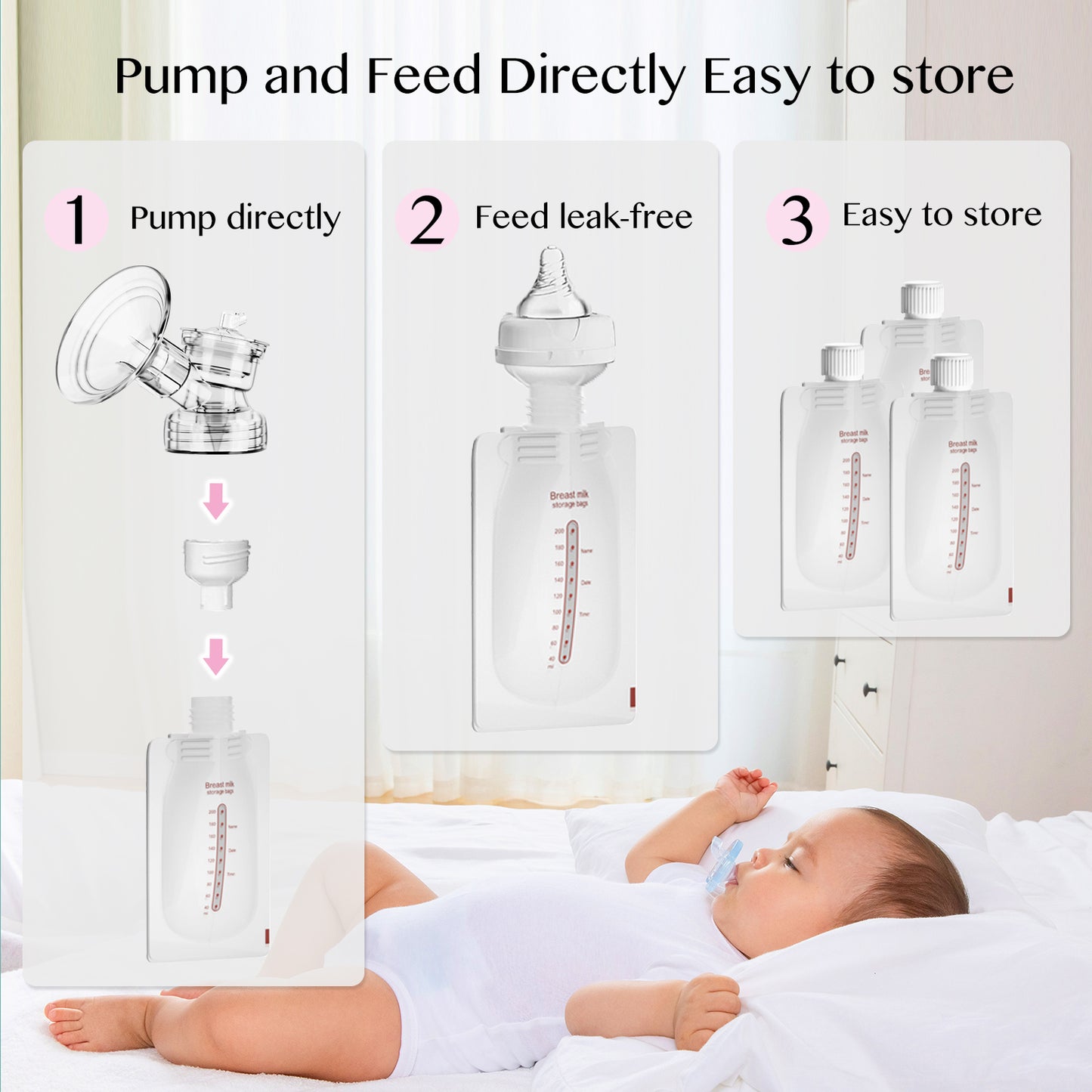 LU-01 Lulia Double Breast Pump with 10 Breastmilk Storage Bags(Pink&White)