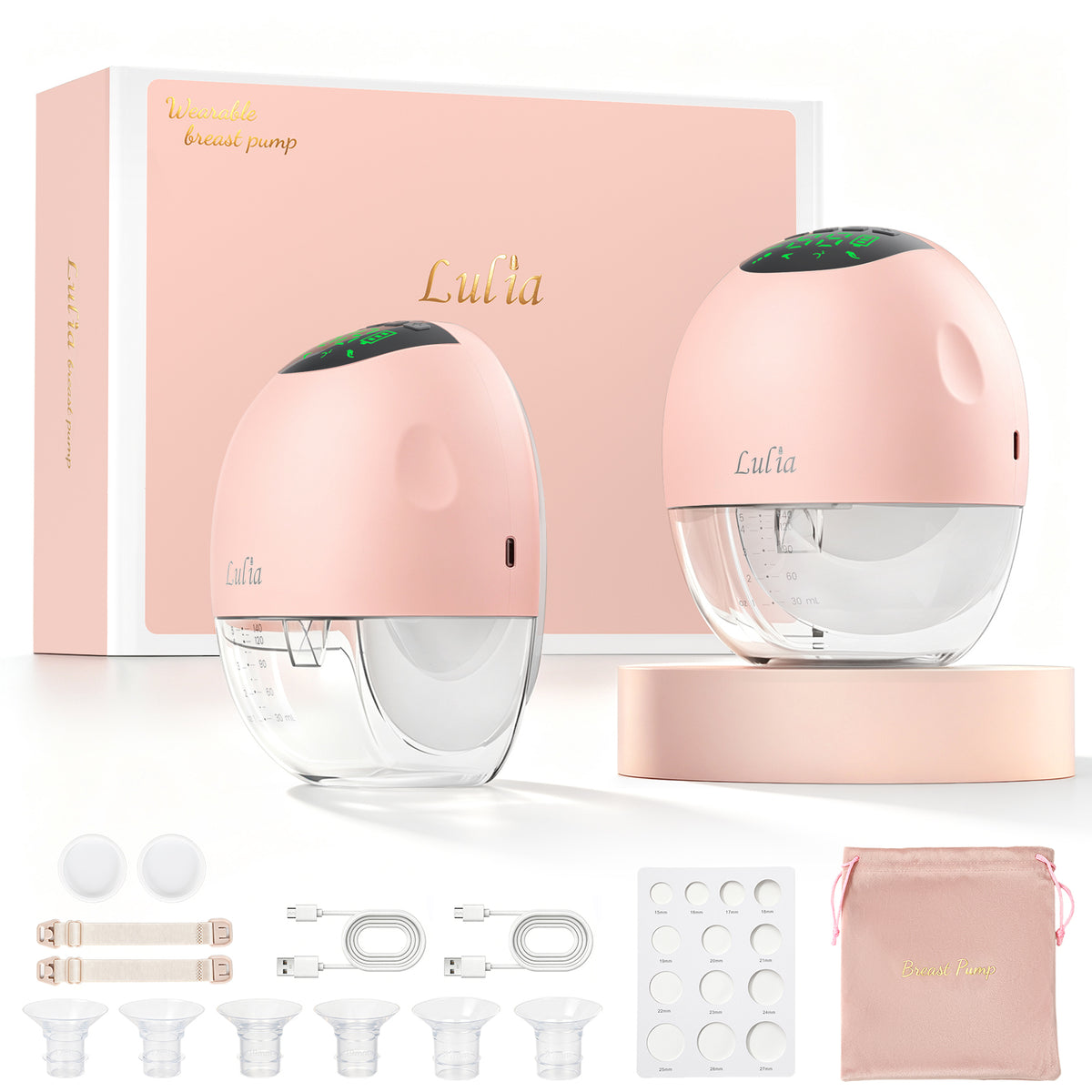 LU-06 Lulia Wearable Breast Pump Hands Free with 17/19/21/24MM Flanges, 2 Packs(White&Pink&Beige&Green)