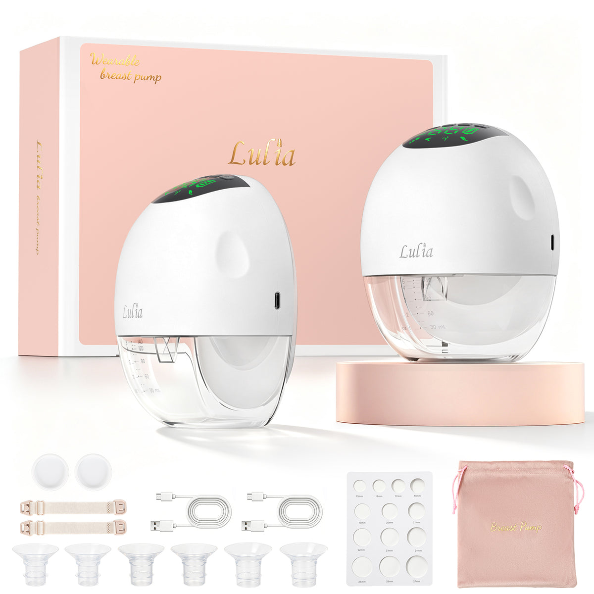 LU-06 Lulia Wearable Breast Pump Hands Free with 17/19/21/24MM Flanges, 2 Packs(White&Pink&Beige&Green)
