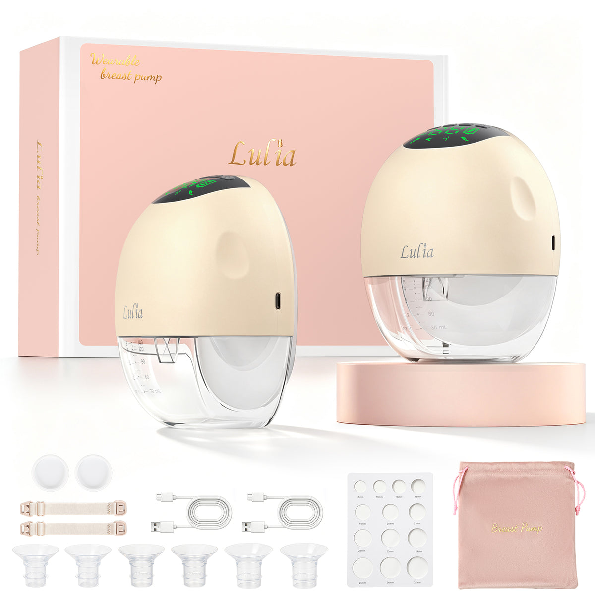 LU-06 Lulia Wearable Breast Pump Hands Free with 17/19/21/24MM Flanges, 2 Packs(White&Pink&Beige&Green)